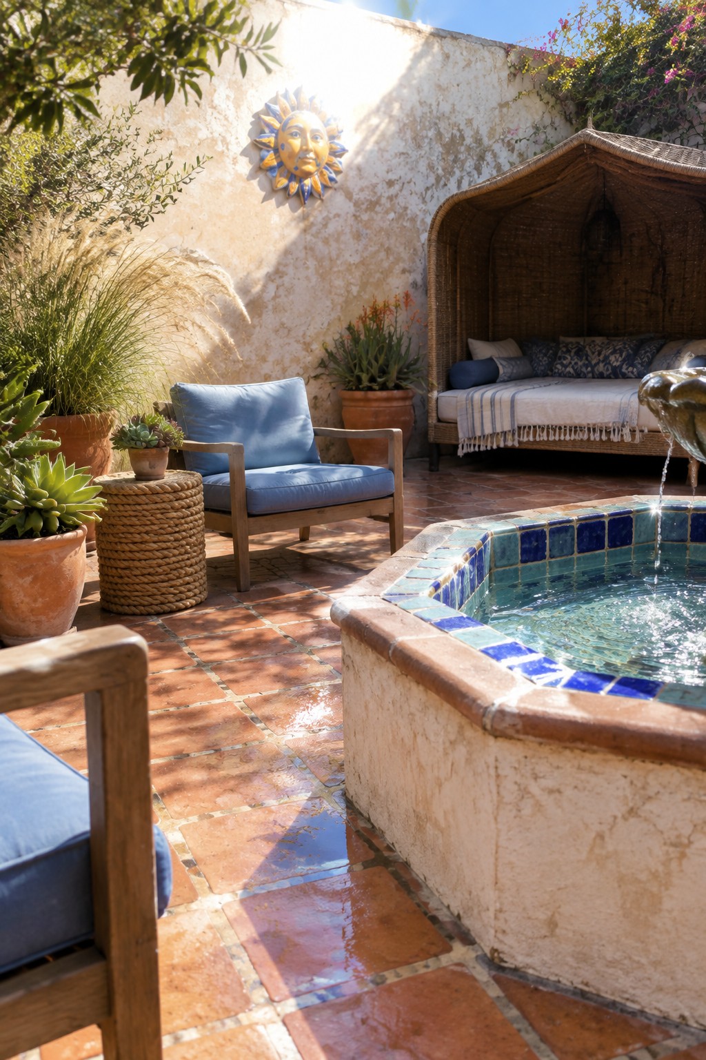 A sunlit Mediterranean courtyard patio with reddish-brown terracotta tile flooring, a blue-tiled fountain in the foreground, a wooden armchair with blue cushions, potted plants, and a woven daybed against a stucco wall.