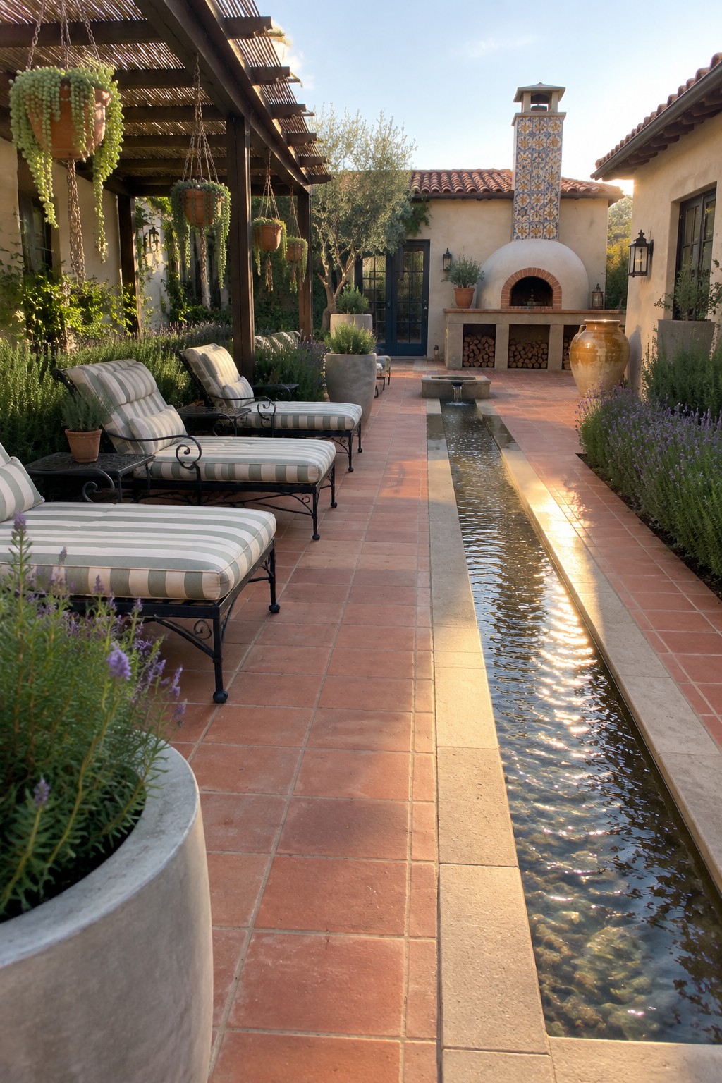 A long Mediterranean courtyard patio paved in terracotta tile with a narrow water channel running down the center, striped lounge chairs on the left, and an outdoor fireplace at the far end.