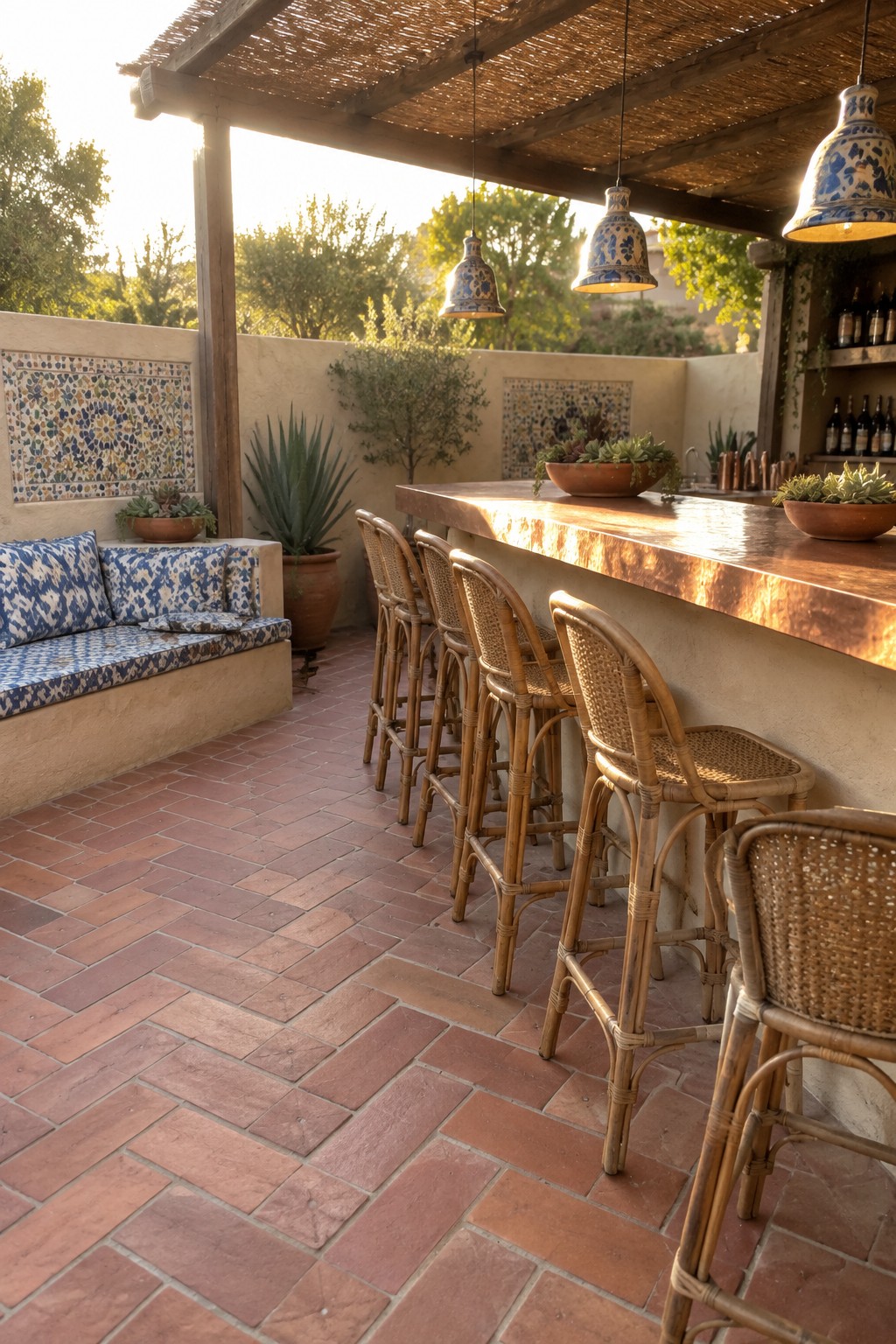 Outdoor bar with rattan stools, blue pendant lights, terracotta tiles, and mosaic walls