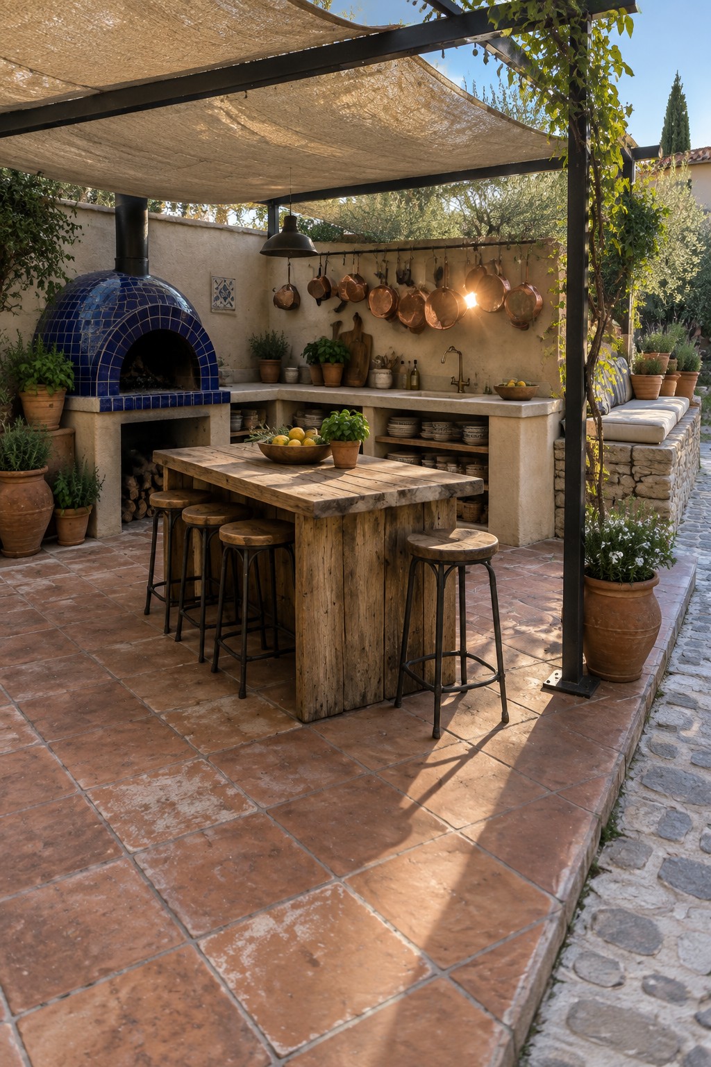 An outdoor kitchen patio with terracotta tile flooring, a large wooden island with stools, a blue tiled pizza oven, and hanging copper pots under a shade structure.