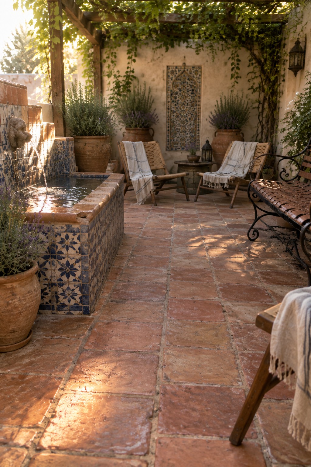 Sunny courtyard with terracotta tiles, blue-tiled fountain, potted lavender, and wooden chairs