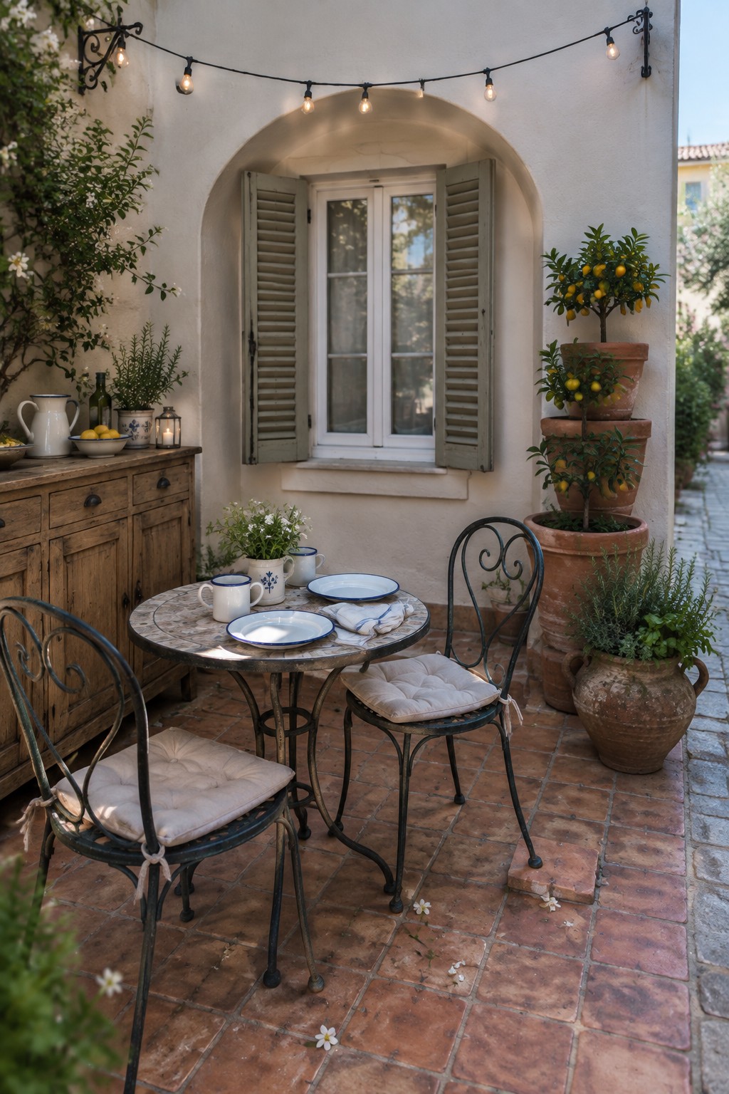 A small courtyard patio with terracotta tile flooring, a round table and two metal chairs with cushions, potted citrus trees, and string lights above a window with shutters.
