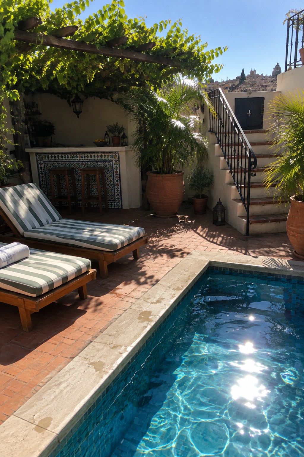 Sunny poolside patio with striped lounge chairs, potted palms, and vine-covered pergola.