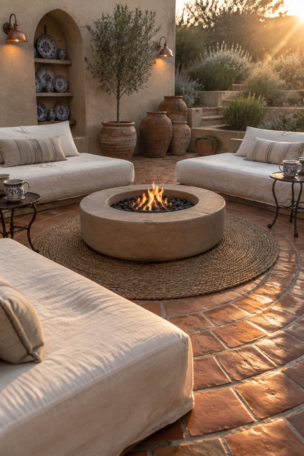 A Mediterranean-style courtyard patio with terracotta tile flooring, a round concrete fire pit with burning logs at the center, and white upholstered sofas arranged around it on a circular woven rug.
