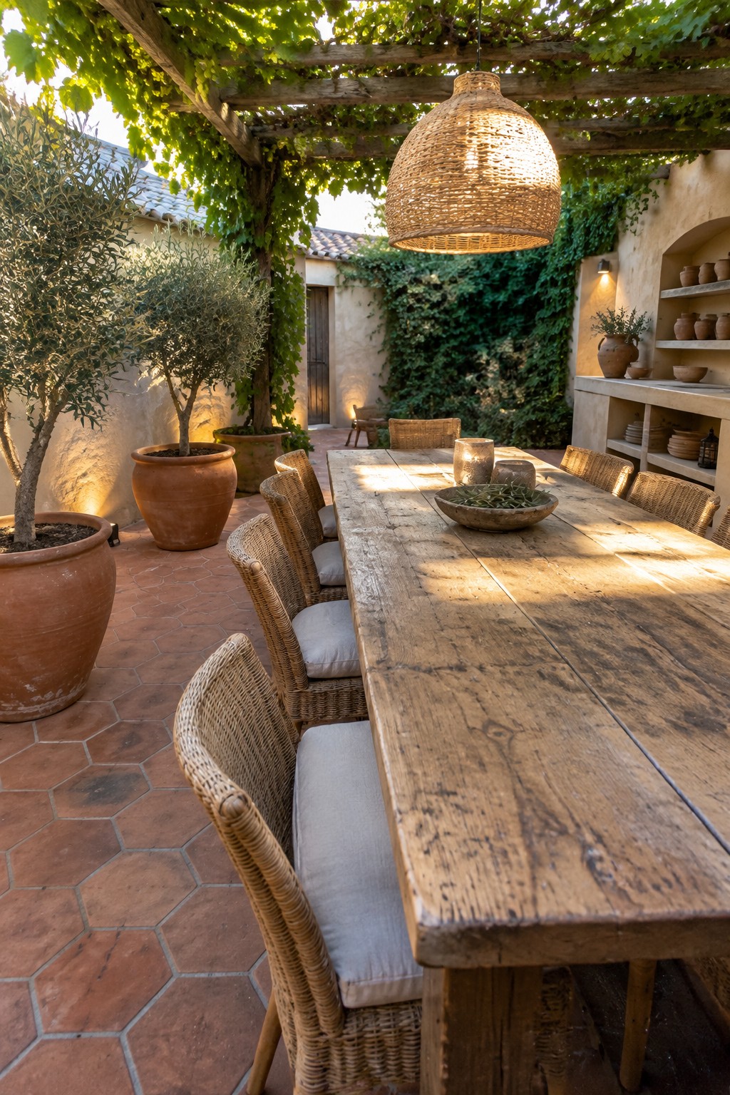 A long rustic wooden dining table with wicker chairs on a terracotta tile patio under a vine-covered wooden pergola with a large woven pendant light.