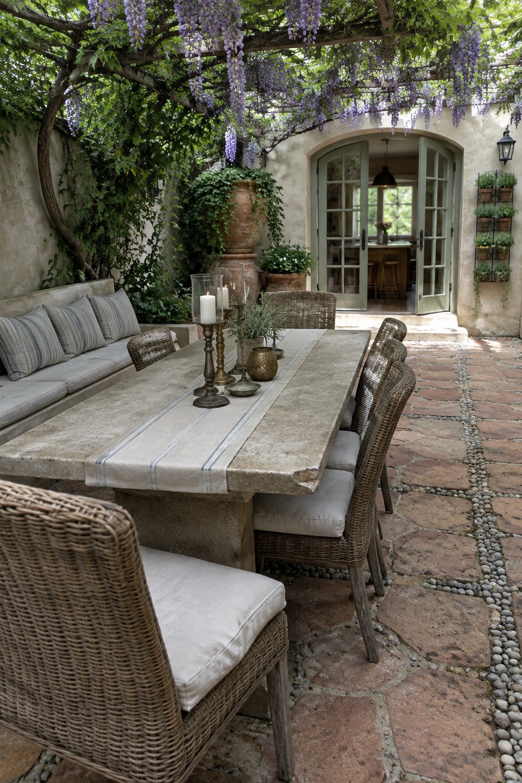 An outdoor Mediterranean courtyard patio featuring a long concrete dining table with wicker chairs, terracotta tile flooring with pebble borders, overhead wisteria vines, and large clay pots against a stucco wall.