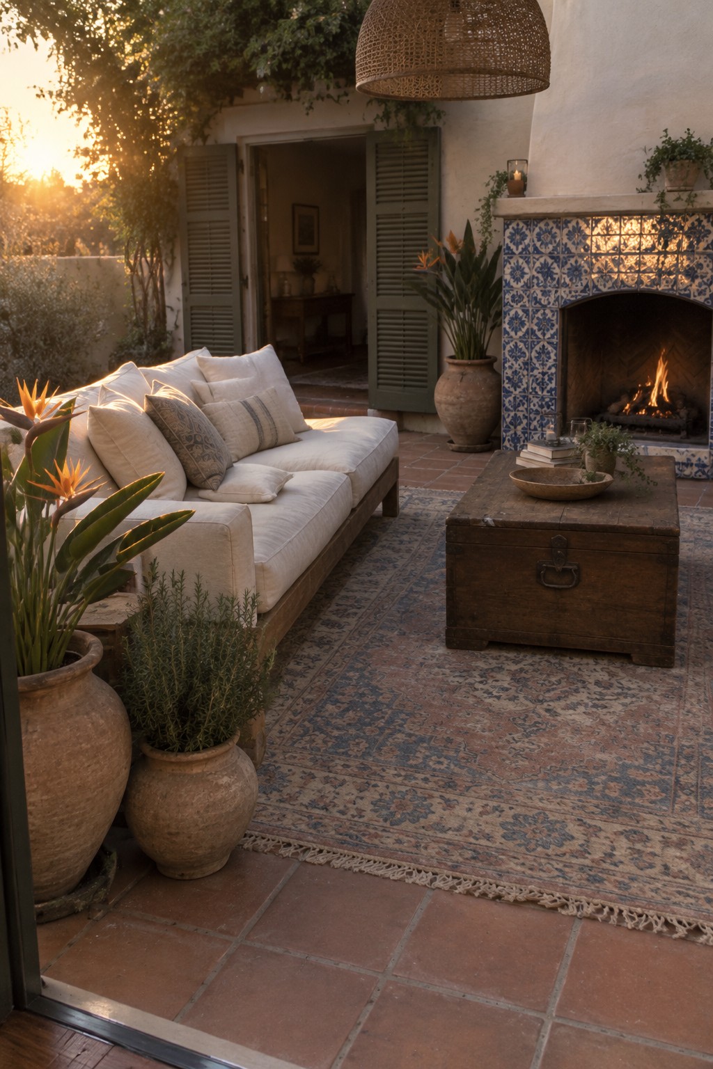 An outdoor patio with terracotta tile flooring, a white sofa with pillows, a wooden trunk coffee table, a blue and white tiled fireplace with a fire, and large terracotta pots with plants.