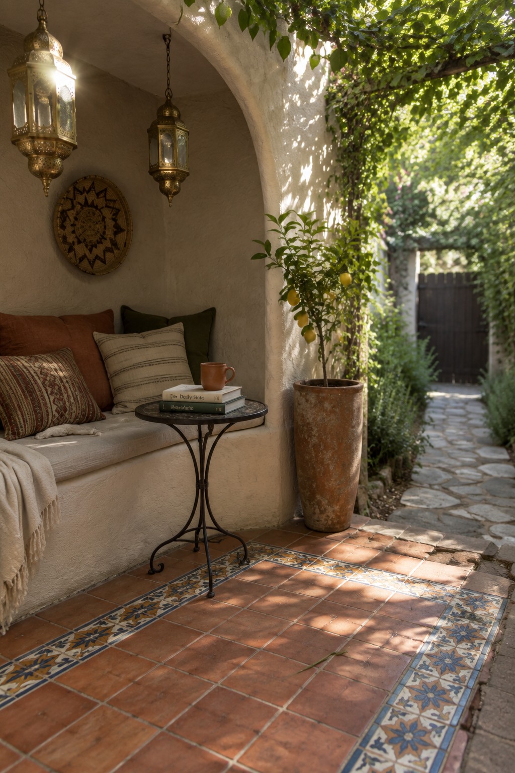 Arched patio nook with cushioned bench, hanging lanterns, books, and potted lemon tree