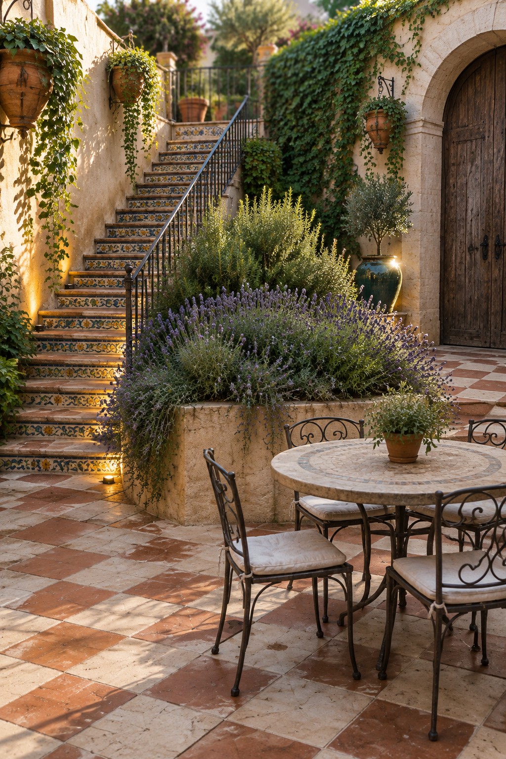 A Mediterranean courtyard patio with terracotta and beige checkered tile flooring, a round table with metal chairs, lavender bushes, and a tiled staircase.
