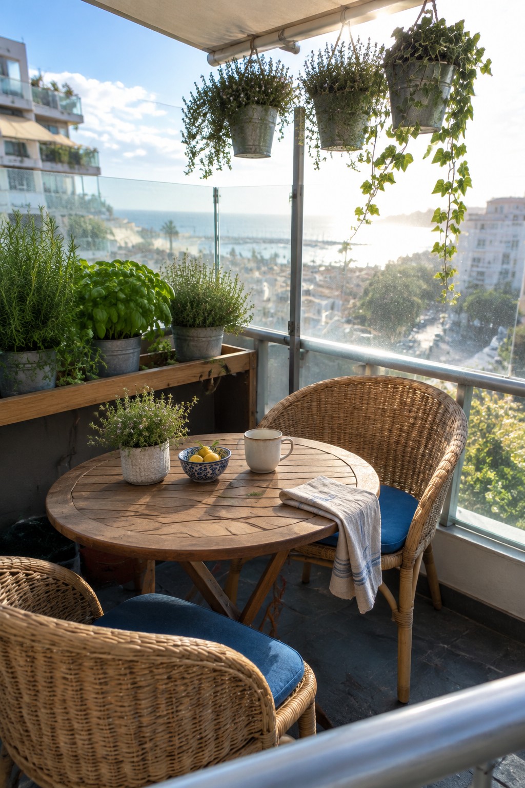 A round wooden table with two wicker chairs on a balcony, surrounded by potted herbs in metal and ceramic containers, with hanging plants and a coastal city view.