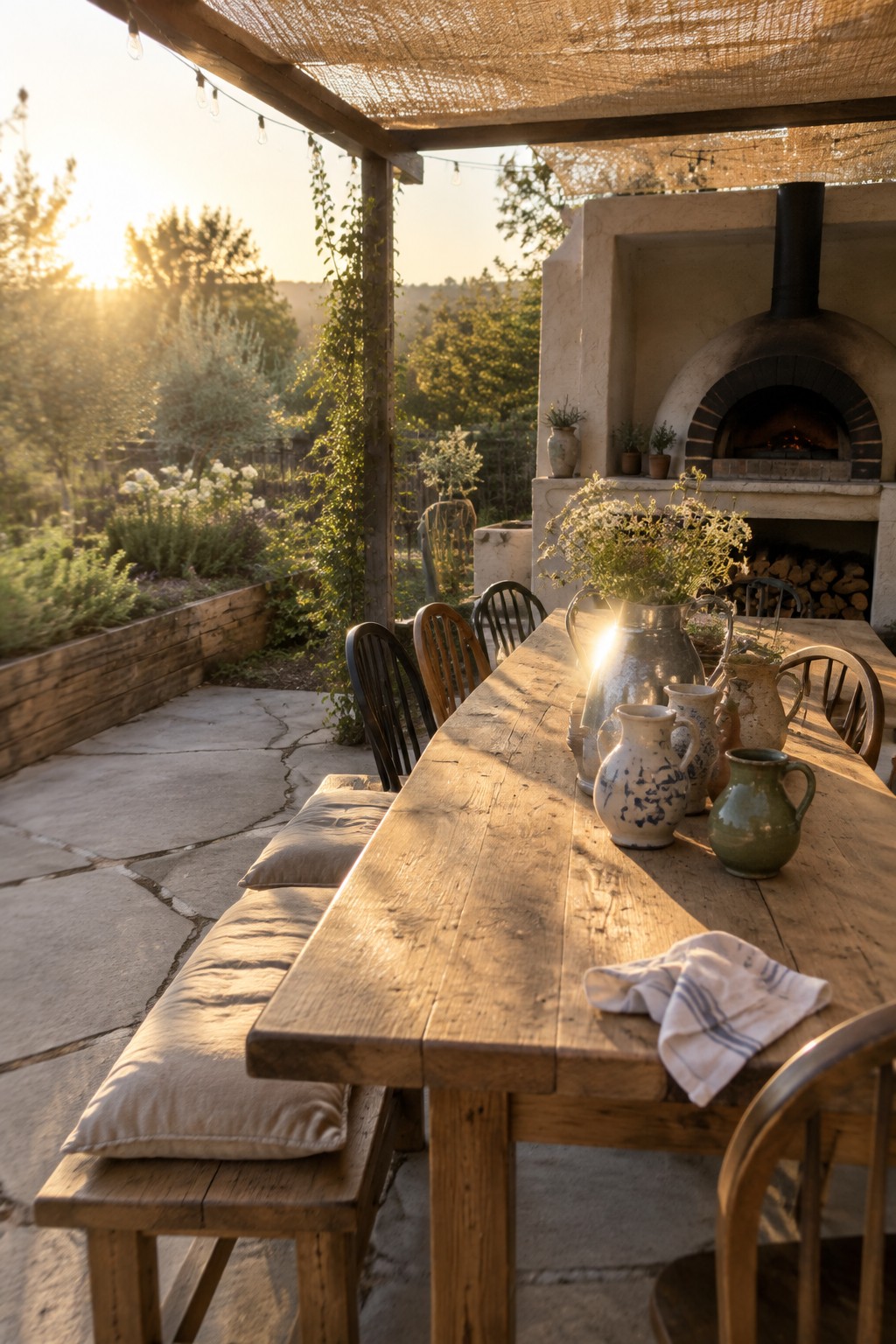 A long wooden dining table with a cushioned bench on one side and mixed wooden chairs sits on a stone patio beside an outdoor fireplace at sunset.