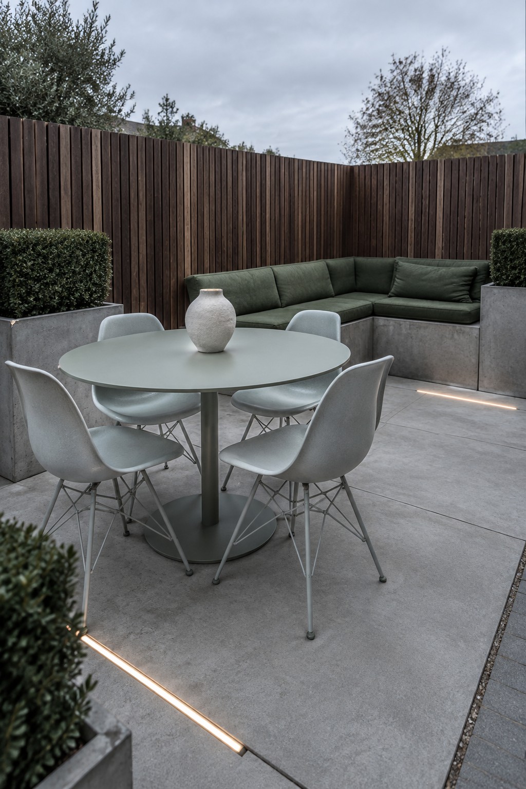 A round sage green patio dining table with four light gray chairs is positioned in front of an L-shaped built-in bench with dark green cushions, set against a dark wood fence with concrete planters nearby.