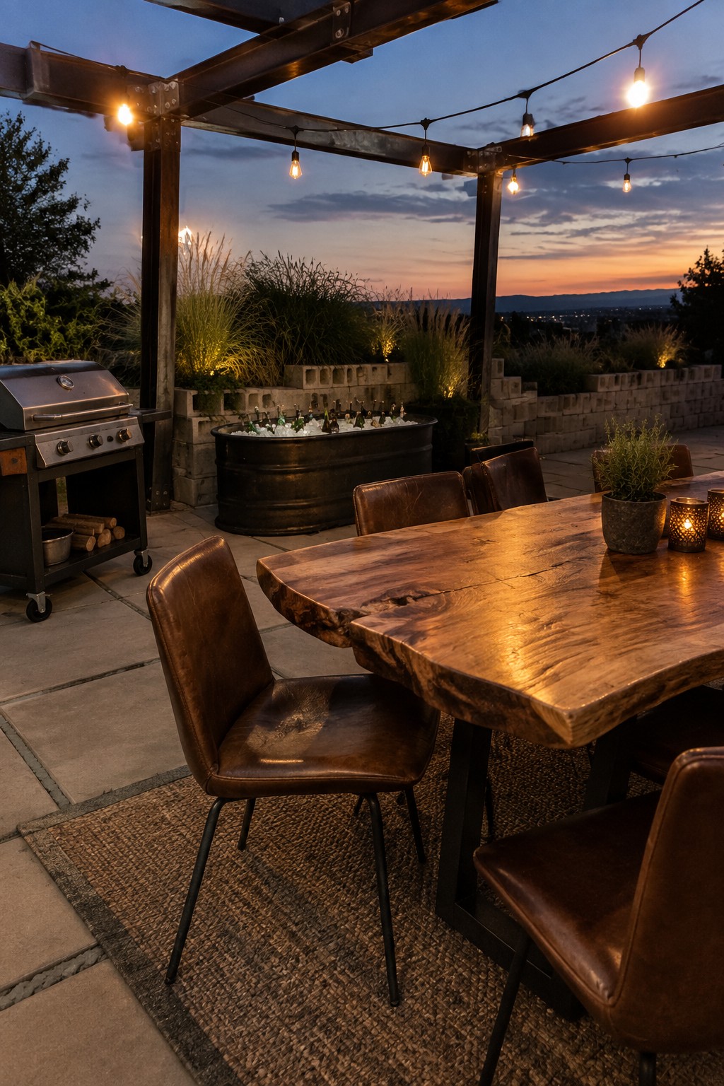 An outdoor patio at dusk shows a large wooden dining table with brown leather chairs under a pergola strung with lights, a stainless steel grill to the left, and a metal tub filled with ice and bottles nearby.
