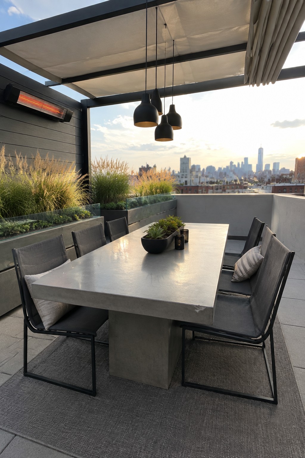 Modern rooftop patio with concrete dining table, gray chairs, pendant lights, and city skyline view