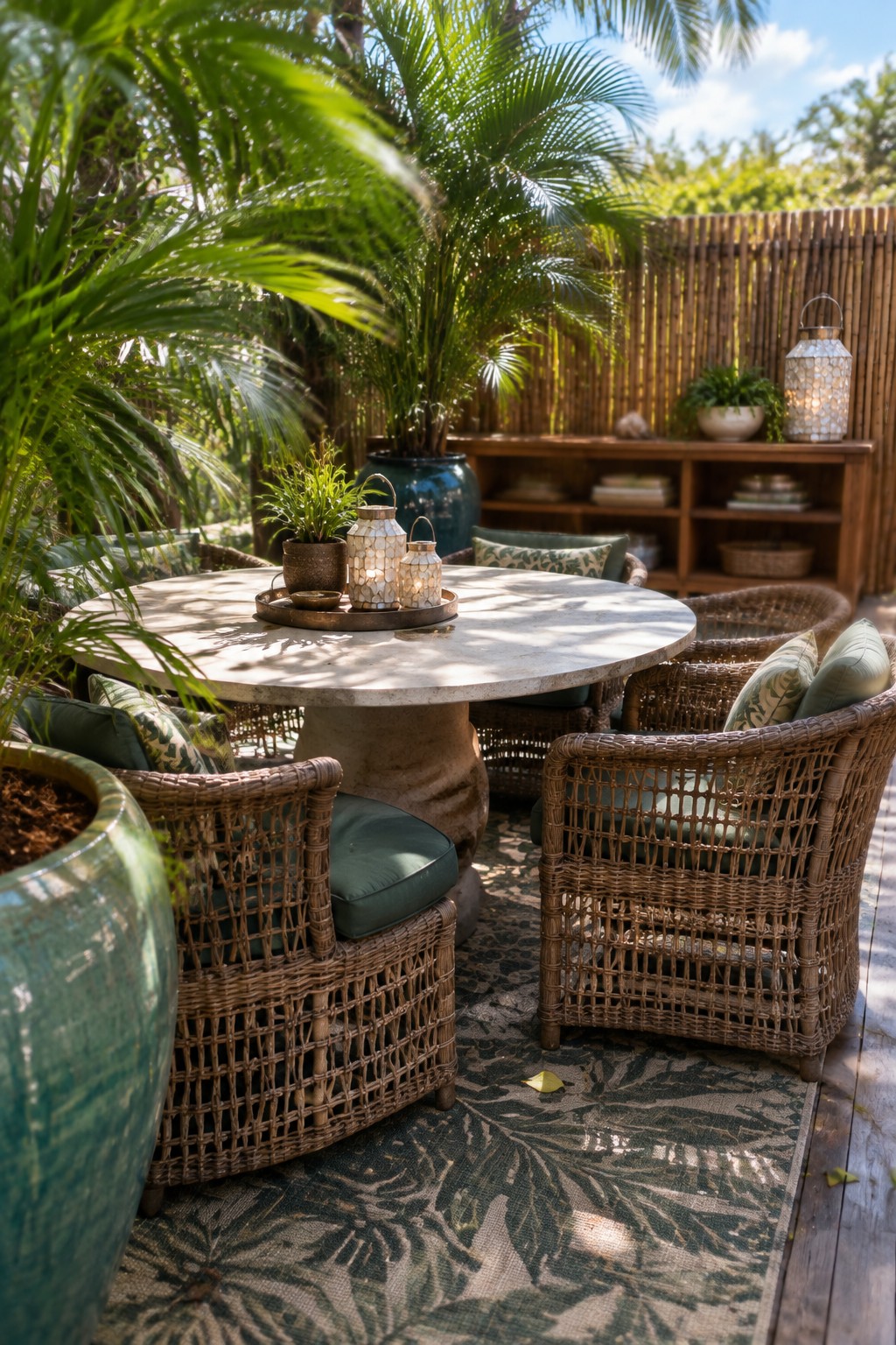 Round stone table with lanterns amid wicker chairs, tropical plants, and patterned rug.
