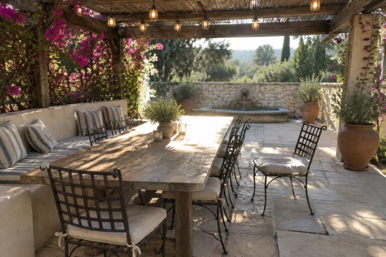 A long rustic wooden dining table with black metal chairs and a striped cushioned bench sits under a wooden pergola strung with lanterns on a stone patio.