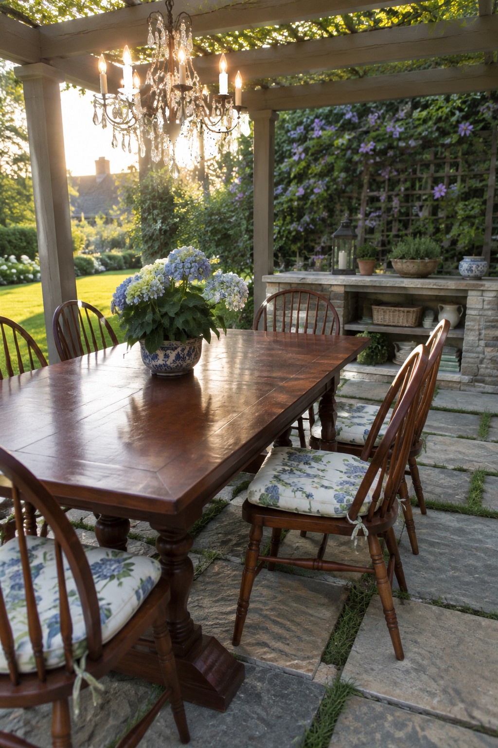 A wooden outdoor dining table with cushioned chairs under a pergola, lit by a crystal chandelier with a blue and white floral centerpiece on the table.