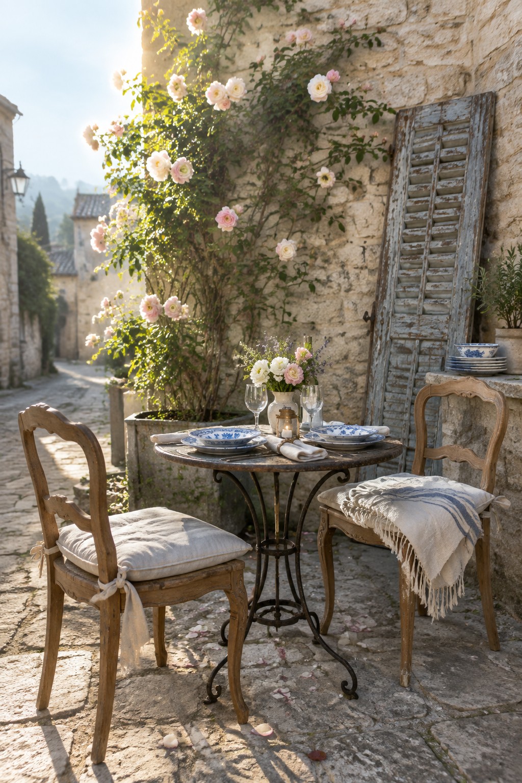 A small round metal table with blue and white plates and glasses sits between two wooden chairs with cushions and a striped throw on a cobblestone patio beside a stone wall with climbing roses.
