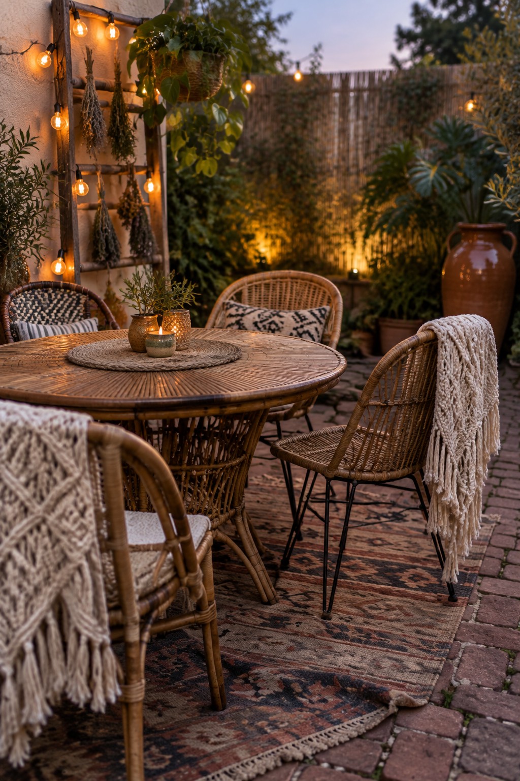 Cozy bohemian patio with round rattan table, wicker chairs, string lights, and candles at dusk