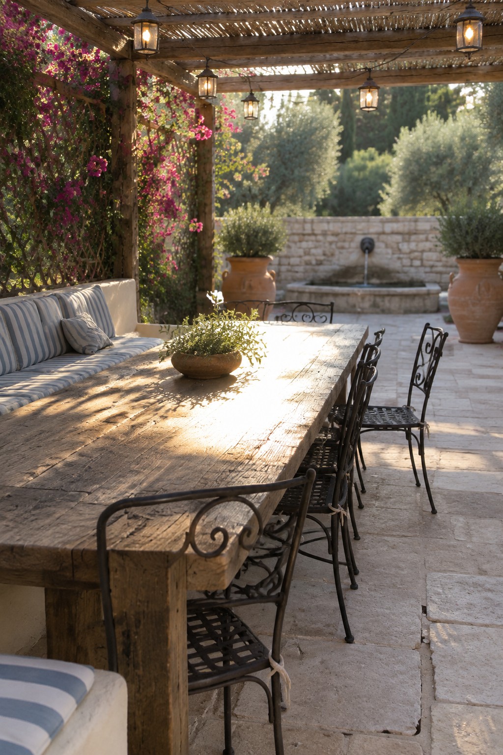 A long rustic wooden dining table with black metal chairs and a striped cushioned bench sits under a wooden pergola strung with lanterns on a stone patio.