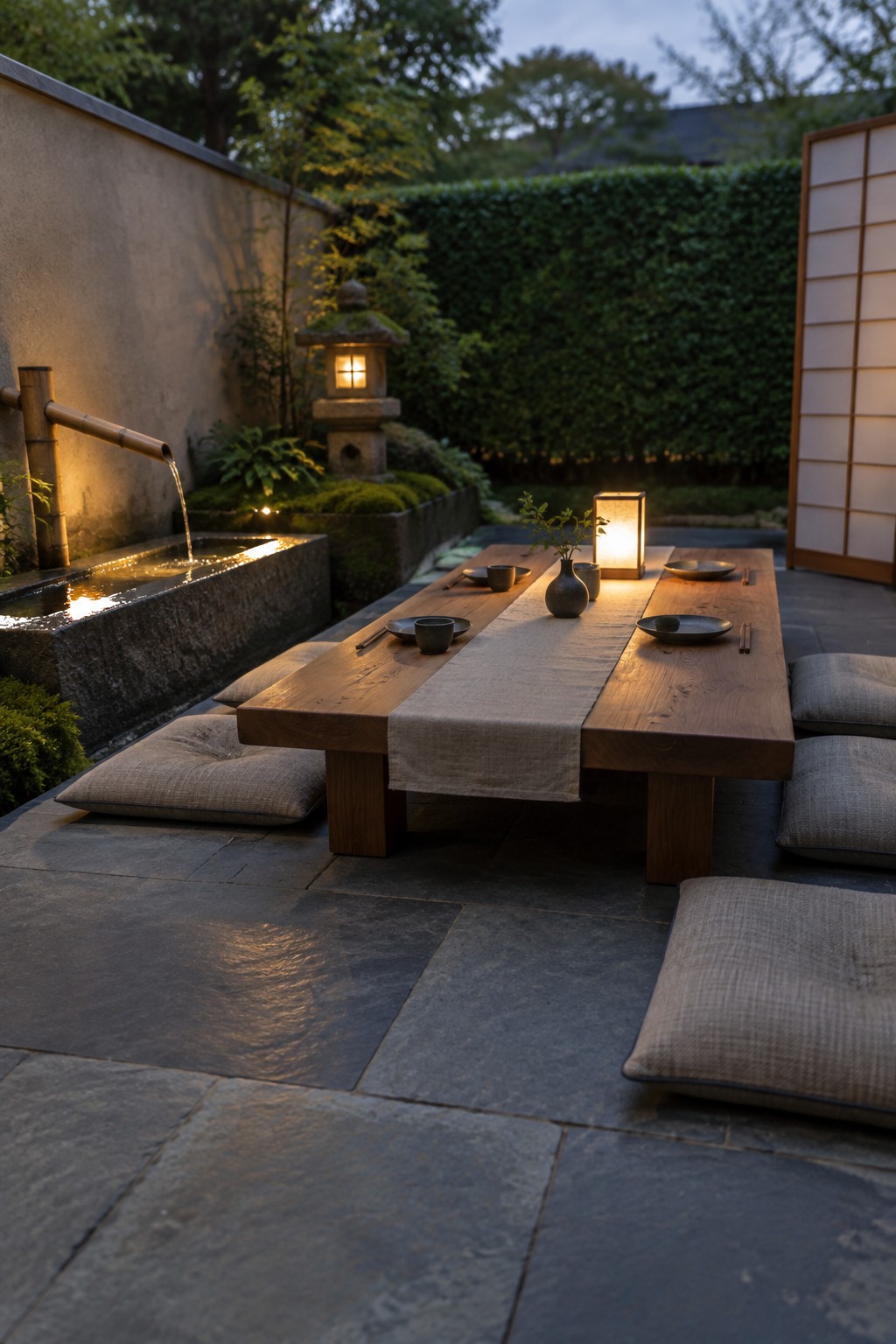 Japanese low wooden table with cushions on stone patio beside lantern and bamboo fountain