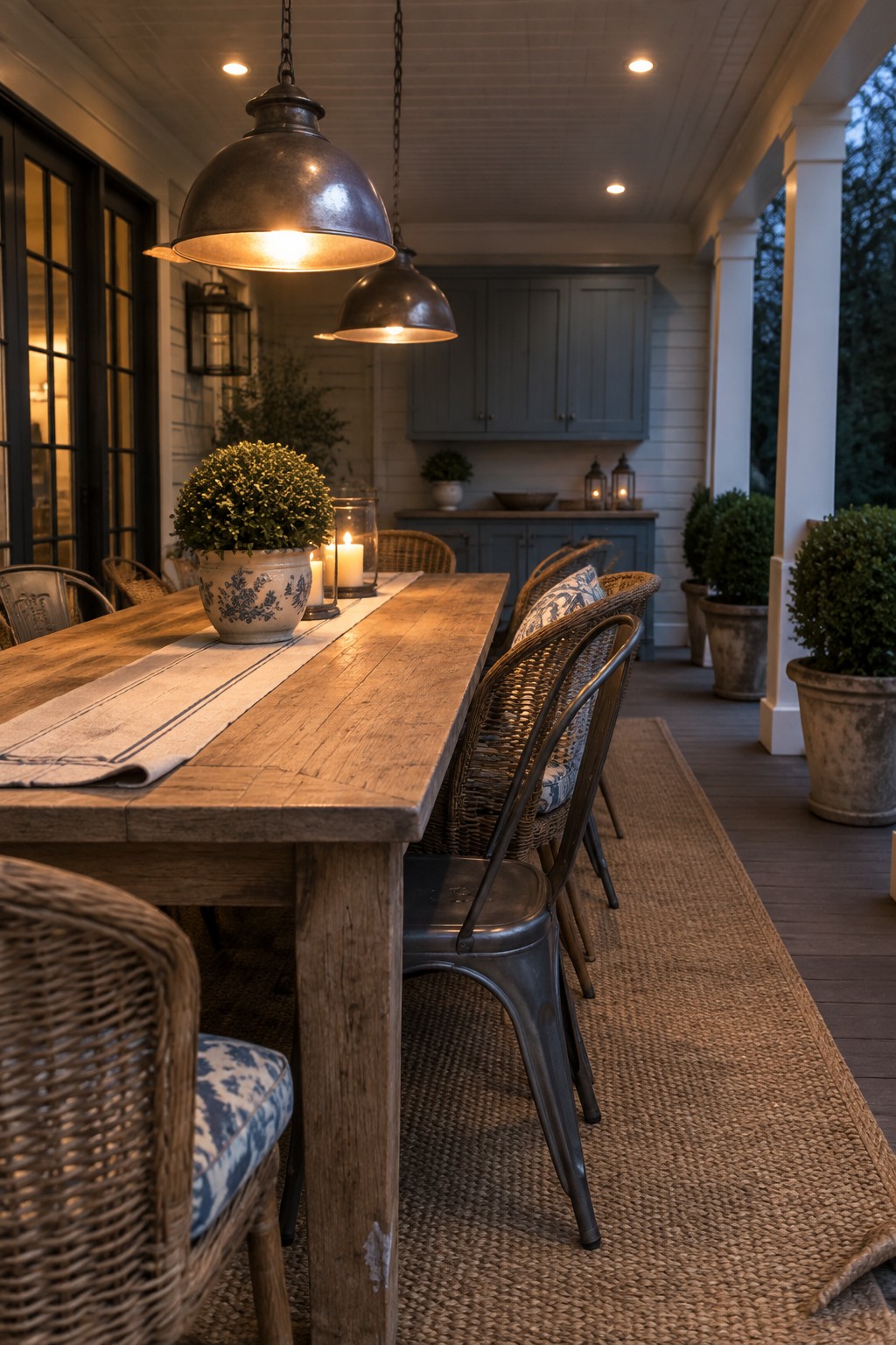 Rustic wooden table with mixed chairs and pendant lights on evening porch