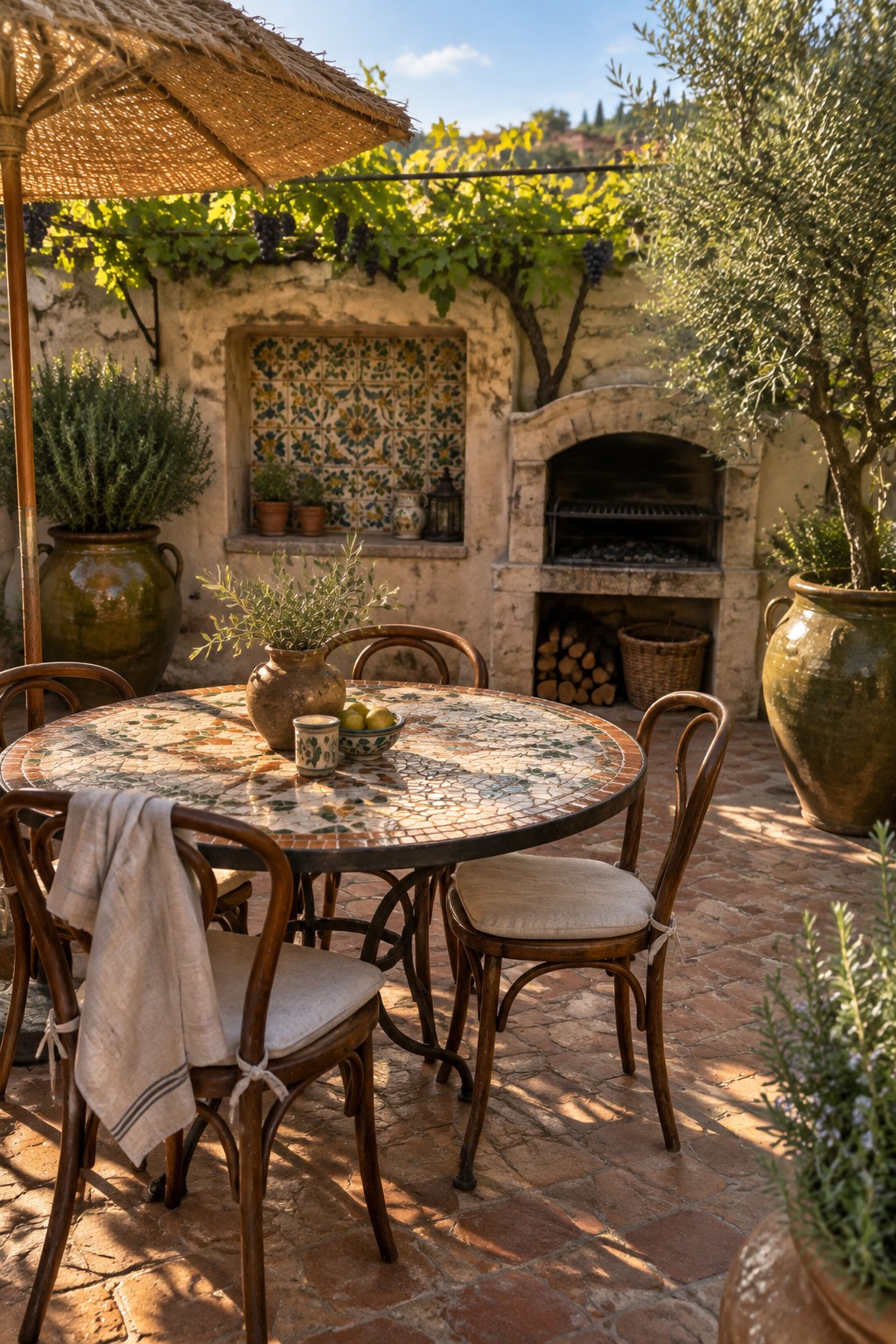 A round mosaic-tiled table with wooden chairs on a brick patio, positioned in front of a stone oven and surrounded by large ceramic pots and greenery.