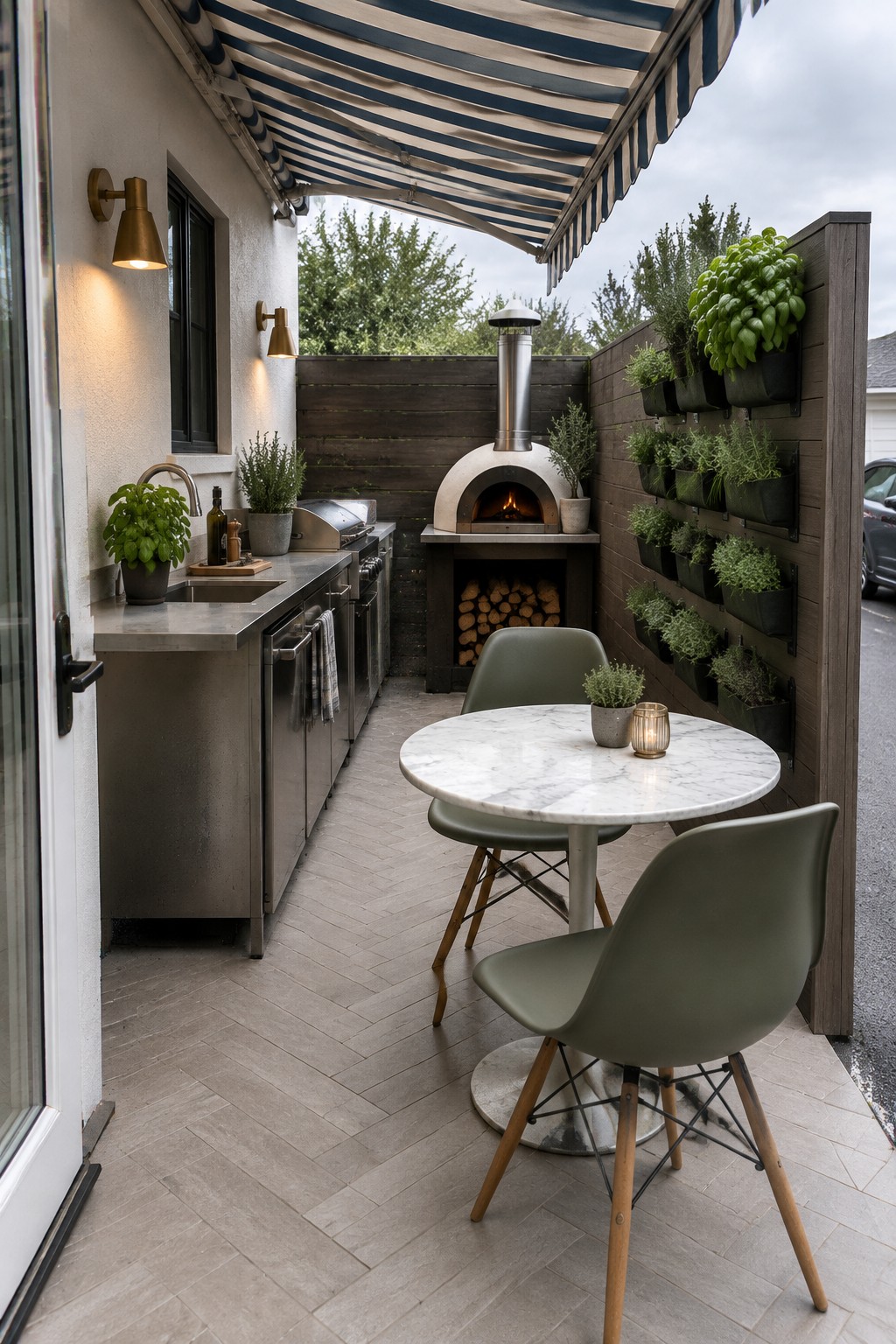 An outdoor patio features a stainless steel kitchen counter with sink and grill, a pizza oven with stacked wood, a round marble dining table with green chairs, and a vertical wall of herb planters.