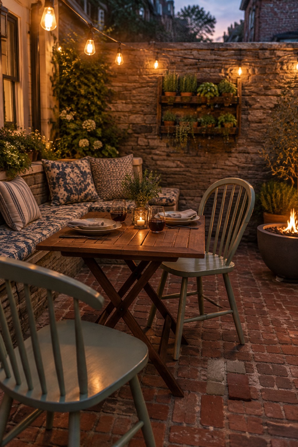 A wooden patio dining table set for a meal with plates, glasses, and a lit candle, surrounded by wooden and upholstered seating on a brick floor, with string lights overhead against a stone wall.