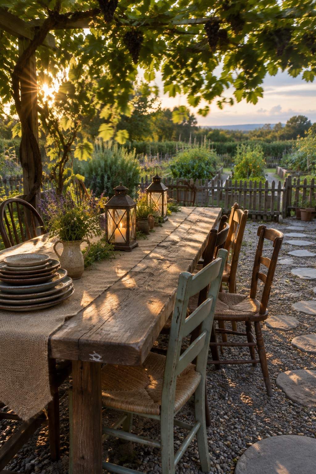 A long rustic wooden dining table with mixed chairs and lit lanterns sits under a grapevine-covered pergola in a garden at sunset.