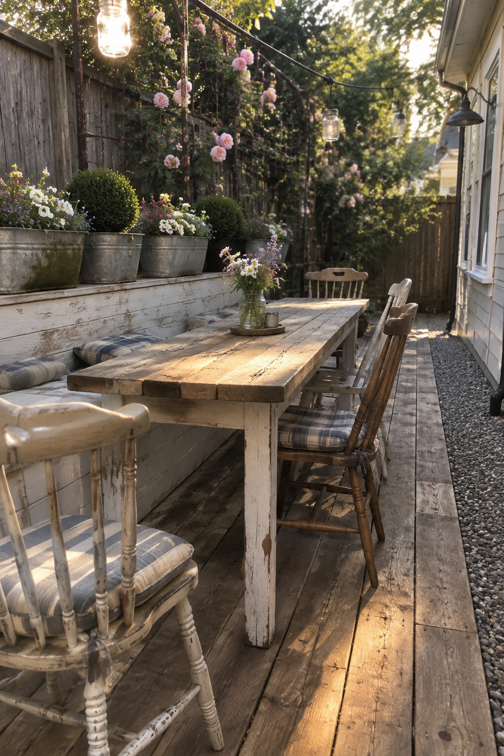 A long wooden dining table on a narrow patio deck with a built-in bench and cushions on one side and wooden chairs on the other, plus string lights overhead and potted plants along the edge.