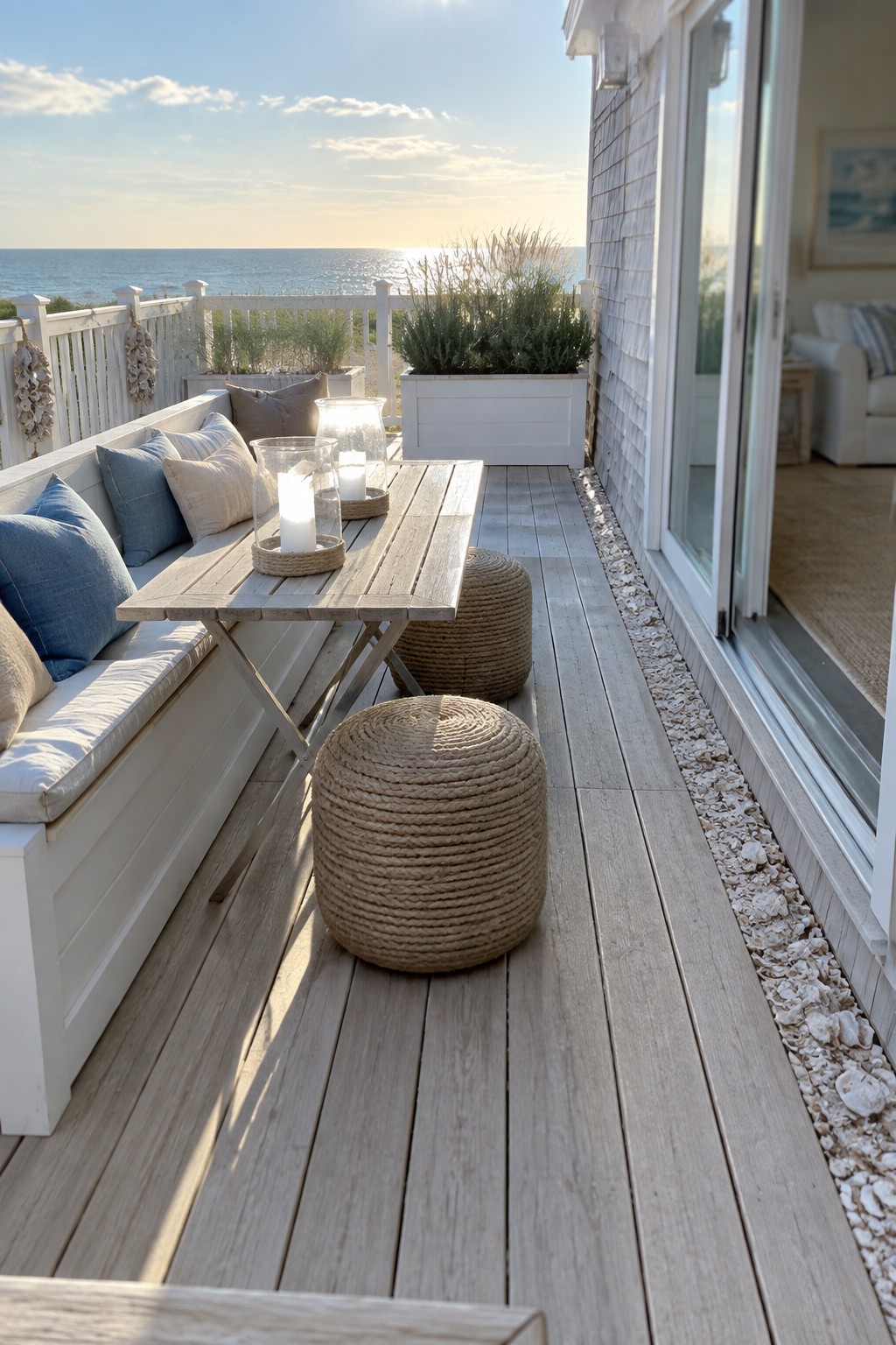Coastal deck with white bench, wooden table, woven stools overlooking ocean at sunset