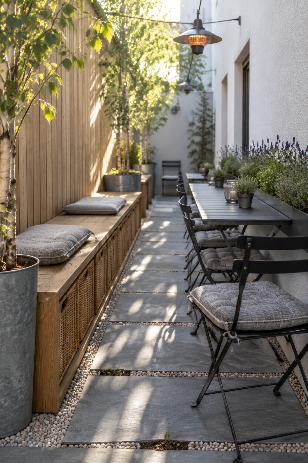 A narrow outdoor patio with a wooden bench topped with gray cushions along a wood wall, a black metal table with chairs on the opposite side, and a stone paver path between them.