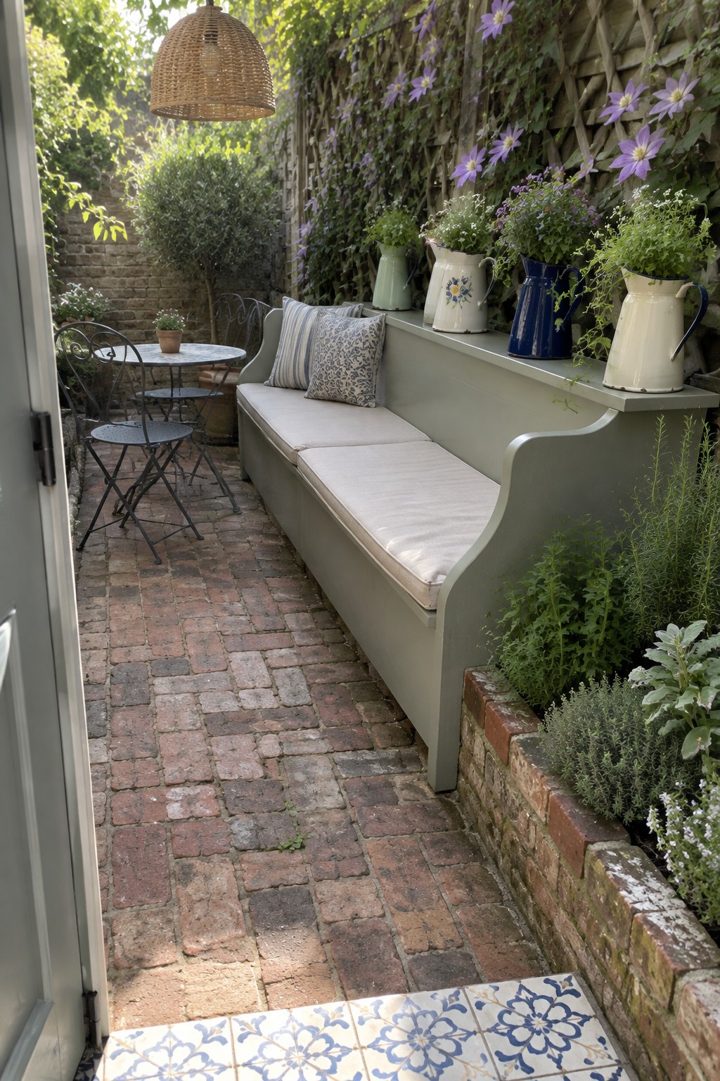 A narrow brick patio featuring a long sage green built-in bench with cushions along one wall, potted plants on the ledge, and a small bistro table and chairs opposite.