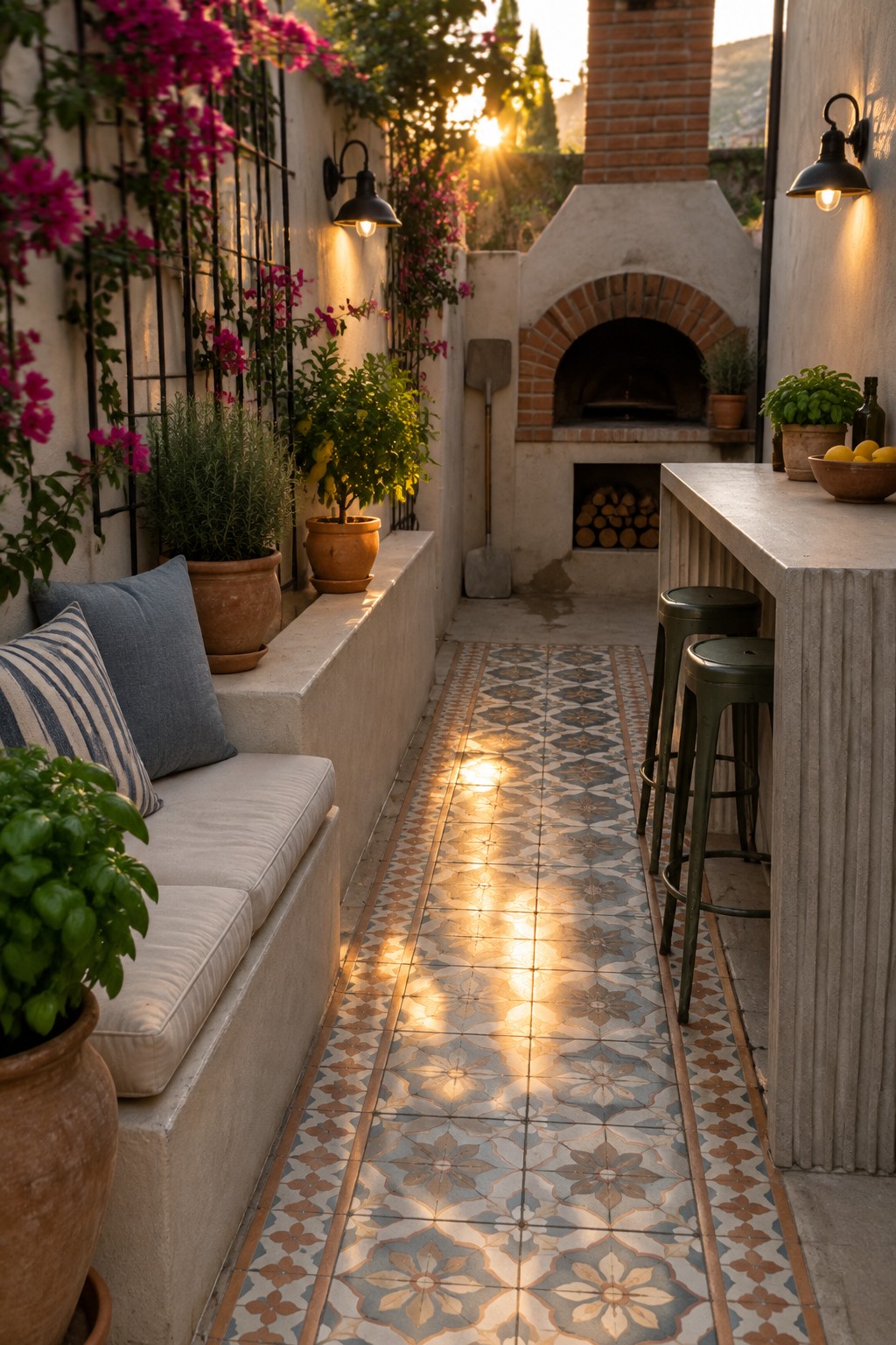A narrow outdoor patio with patterned tile floor, built-in bench seating on the left, concrete bar counter with stools on the right, and a brick oven at the far end.