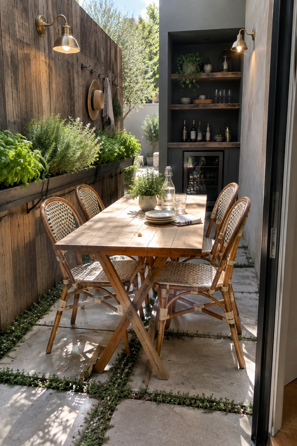 A narrow outdoor patio with a long wooden dining table, woven chairs, and built-in dark shelving holding wine bottles, glasses, and plants along one wall.