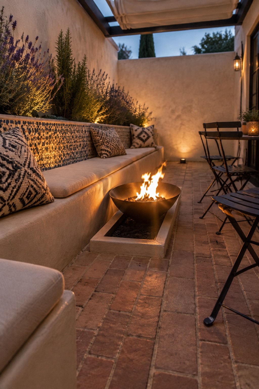 Narrow outdoor patio with built-in bench, patterned tile back, fire pit in recessed area, brick pavers, and black folding chairs along the right side.