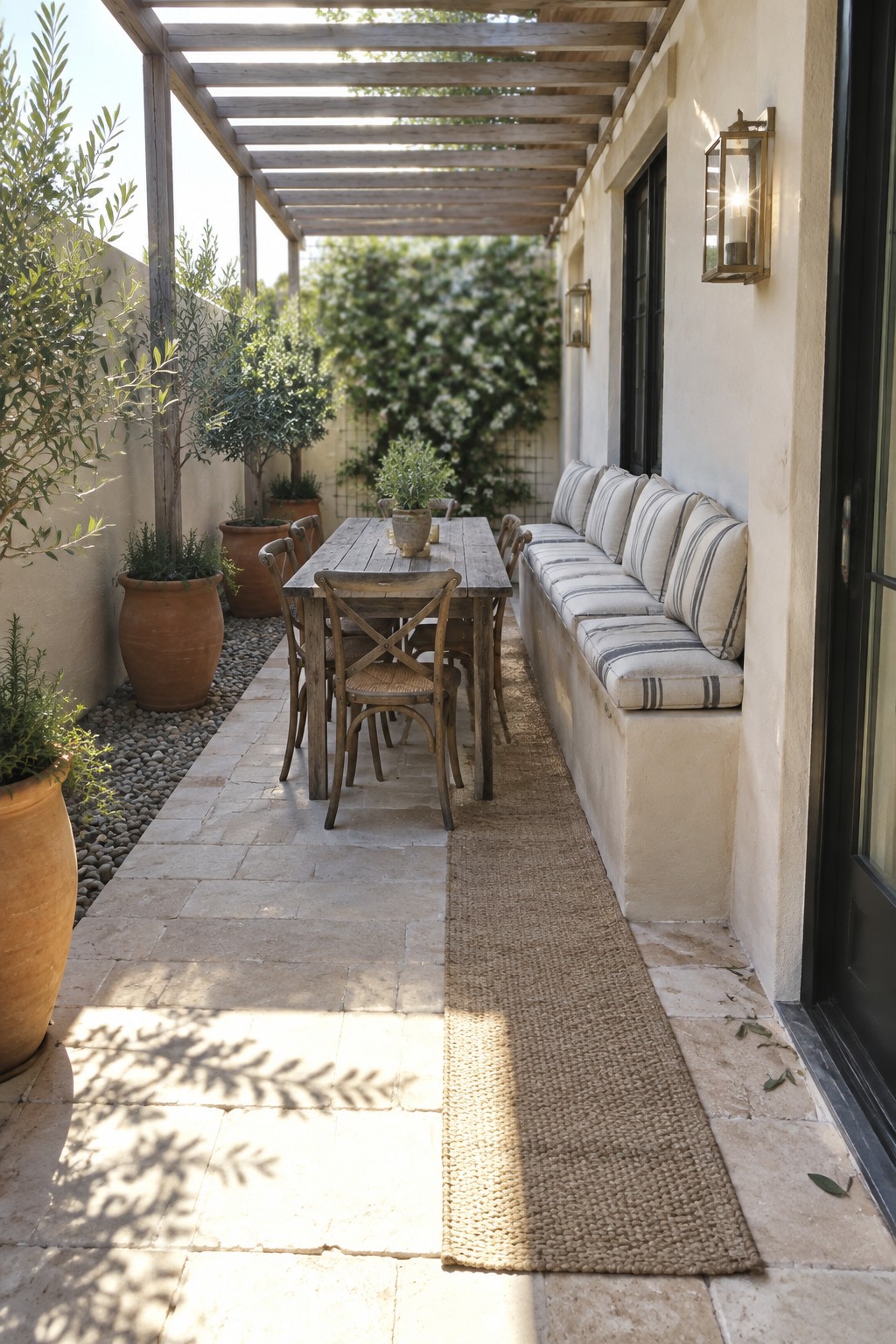 A narrow covered patio with a long built-in bench along the right wall, a wooden dining table and chairs in the center, and potted plants on the left under a pergola.
