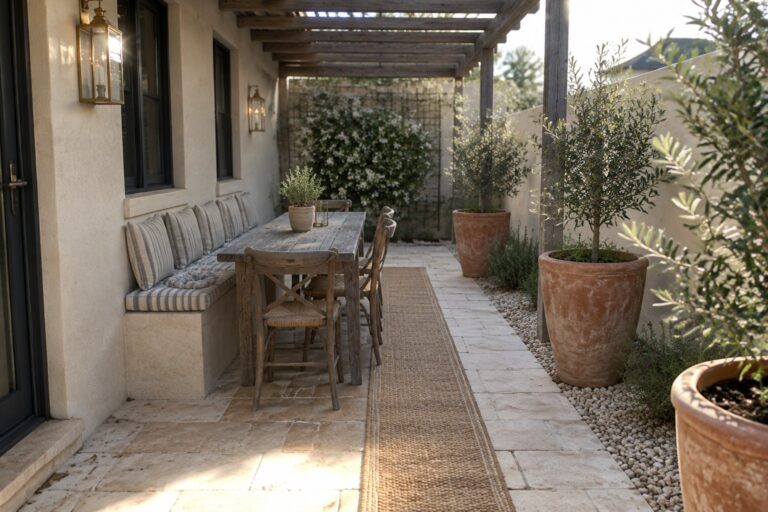 17 Practical Narrow Patio Decorating Ideas for Long Outdoor Spaces A narrow covered patio with a long built-in bench along the right wall, a wooden dining table and chairs in the center, and potted plants on the left under a pergola.