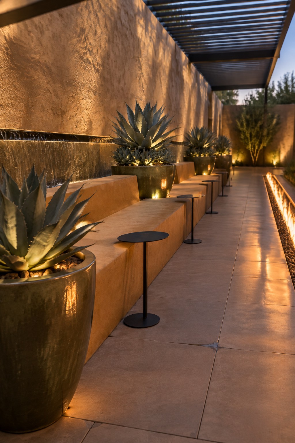 A narrow outdoor patio with a long built-in concrete bench along a textured wall, large metallic planters holding agave plants, small round black tables, a linear water feature, and a fire pit along the opposite side.