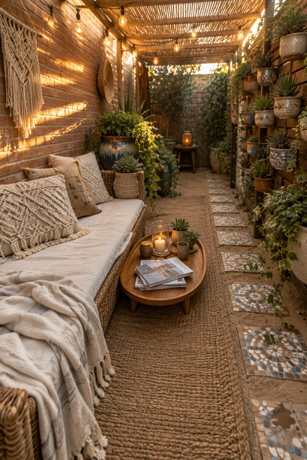 A narrow covered patio with a brick wall on the left, a cushioned daybed with pillows and a throw blanket, a round wooden coffee table on a jute runner rug, and vertical potted plants along the right wall above mosaic stone pavers.