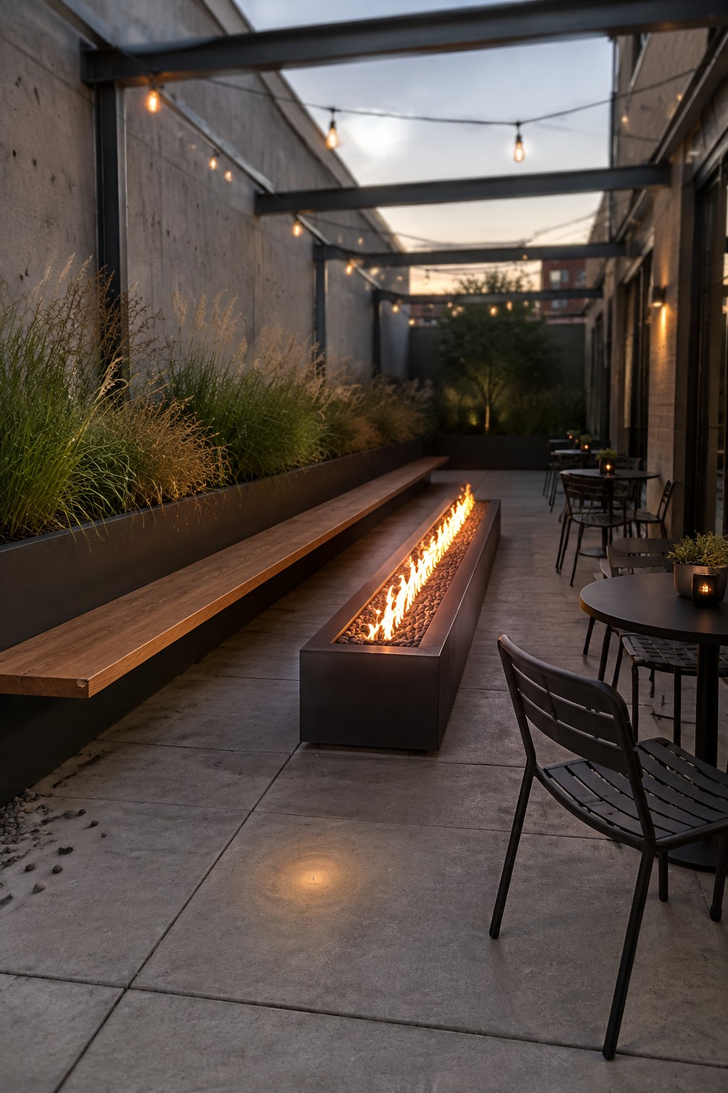 A narrow concrete patio with a long rectangular fire pit running down the center, a built-in wooden bench beside a planter of tall grasses, and black metal tables and chairs on the right under string lights.