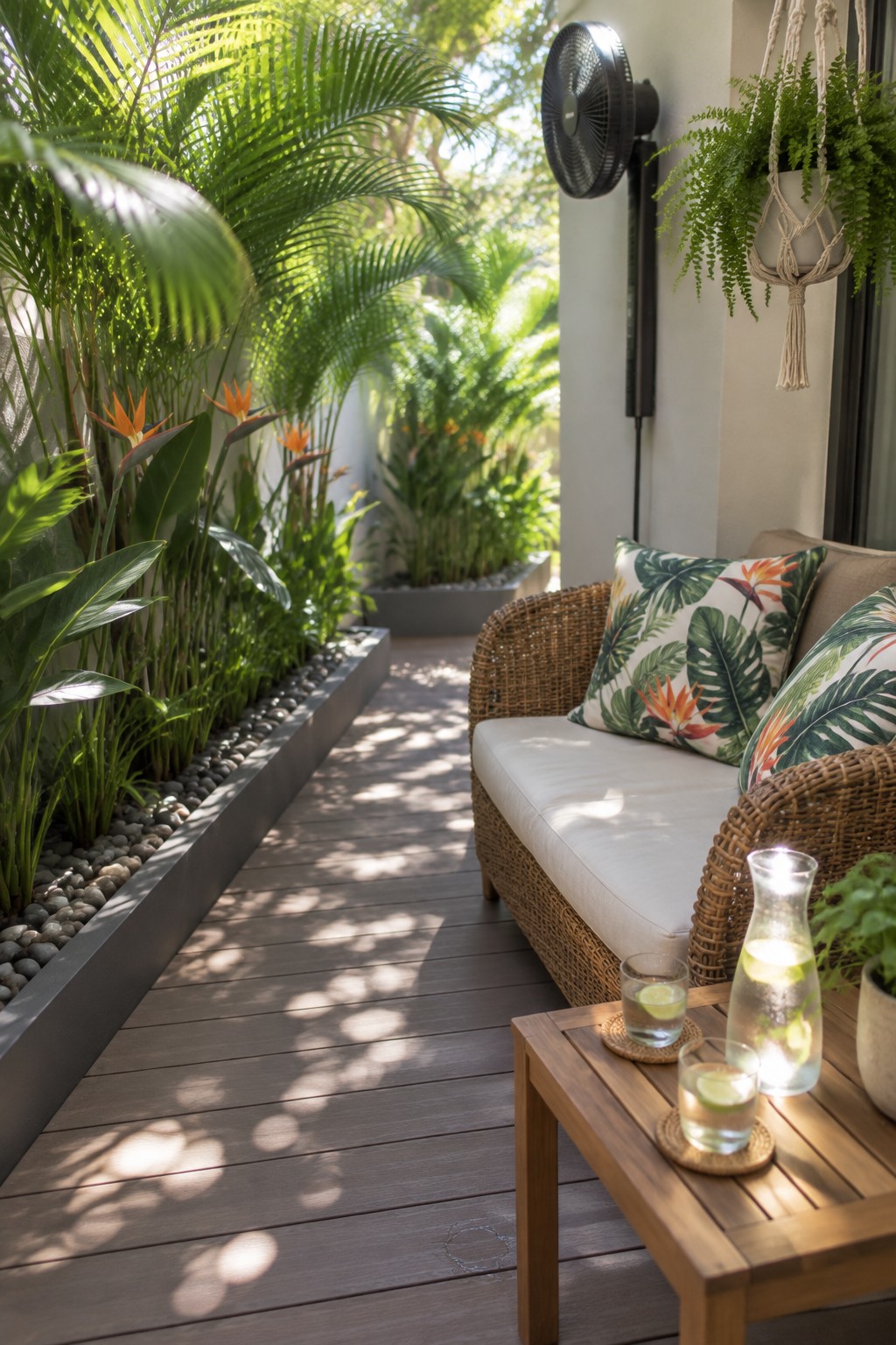 A narrow wooden deck patio with a long gray planter bed filled with tropical plants on the left side and a wicker sofa with leaf-patterned cushions on the right, plus a wooden coffee table holding drinks in the foreground.
