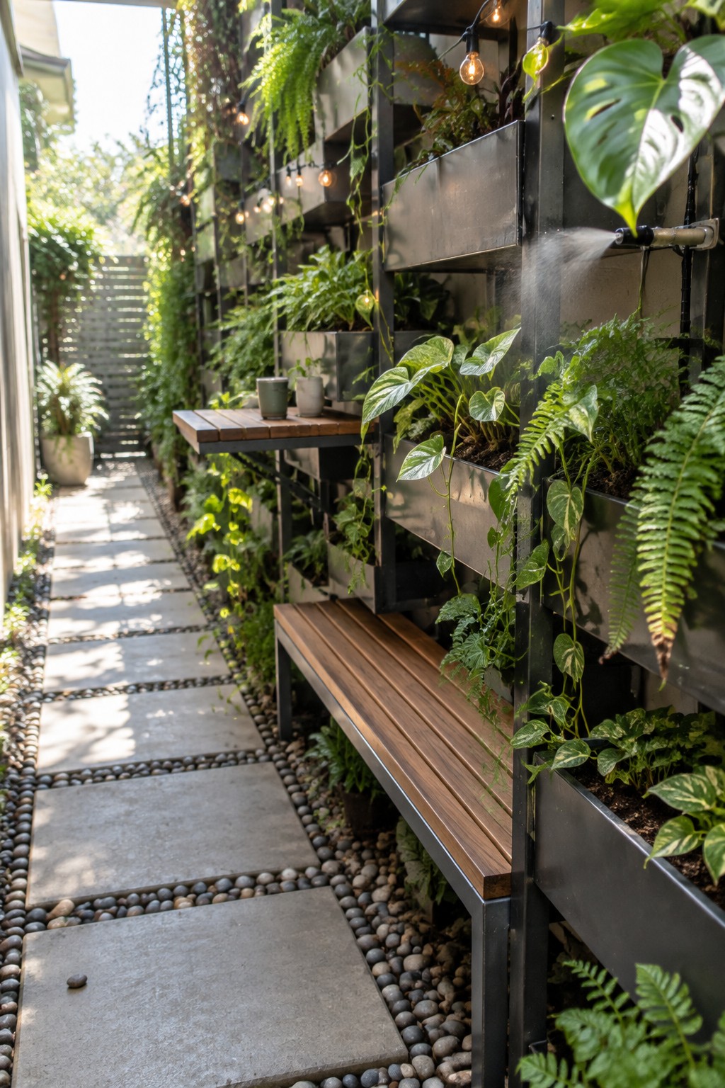 A narrow paved walkway runs beside a black metal vertical garden wall filled with ferns and leafy plants, with a wooden bench and string lights visible.