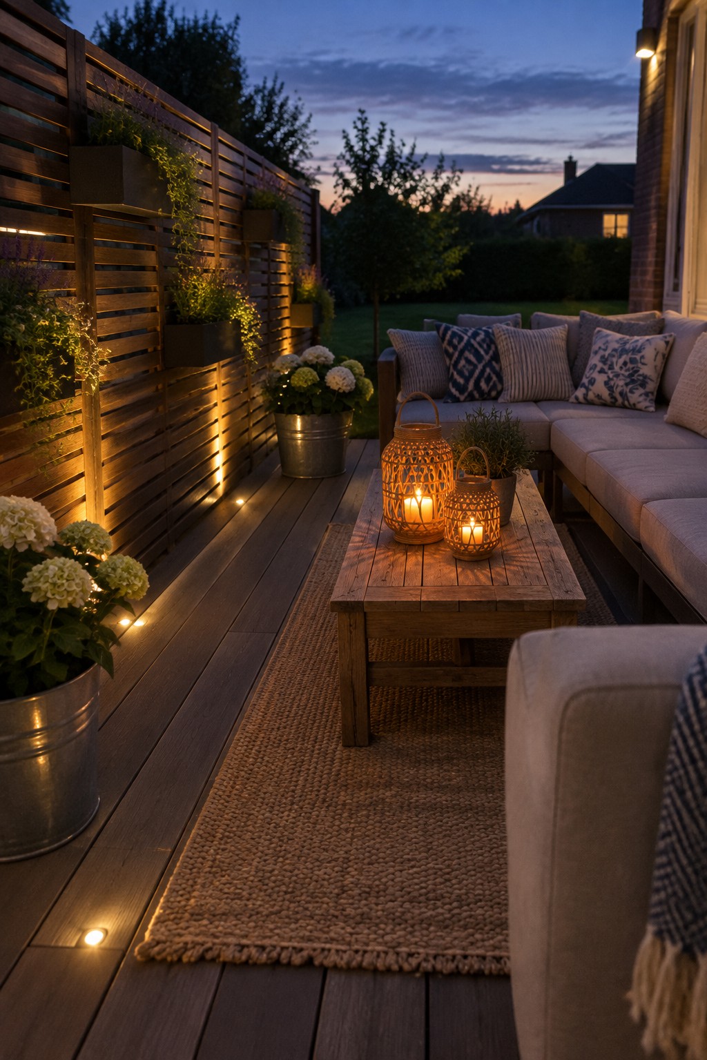 A narrow wooden deck at dusk with a long outdoor sofa, coffee table holding two lanterns, woven rug, and a tall slatted wall with built-in planters and string lights.