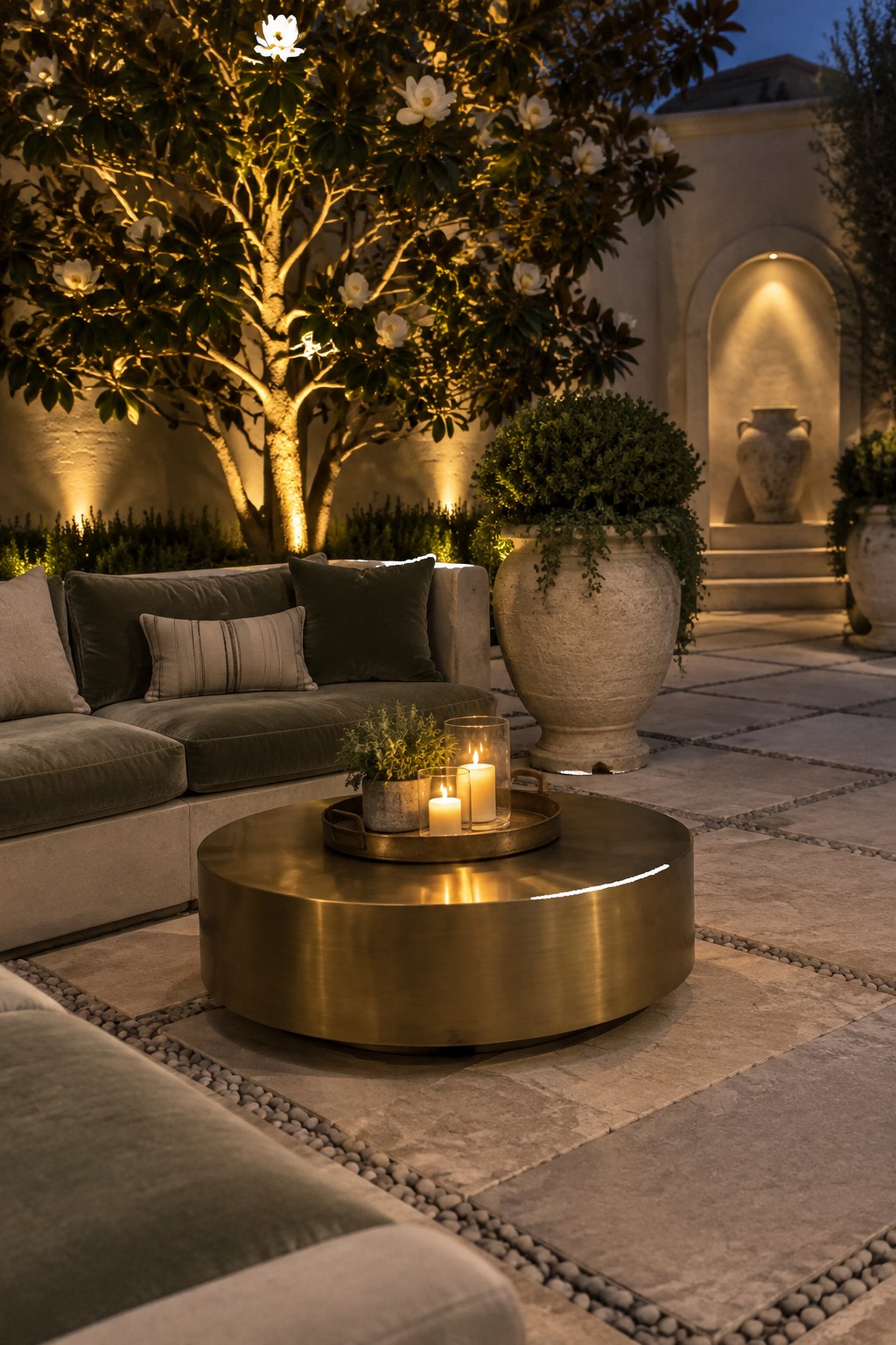 A patio seating area at dusk with a round brass coffee table holding lit candles on a tray, a large tree with string lights, and stone pavers.