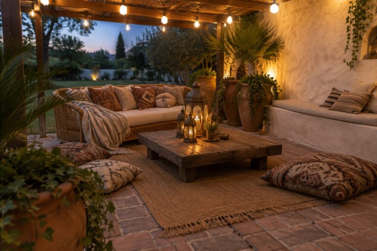 20 Practical Patio Lighting Ideas to Create a Softer Evening Ambiance A patio at dusk with string lights hanging from a wooden pergola, a rustic coffee table holding two lit lanterns, cushioned seating, and a woven rug on brick flooring.