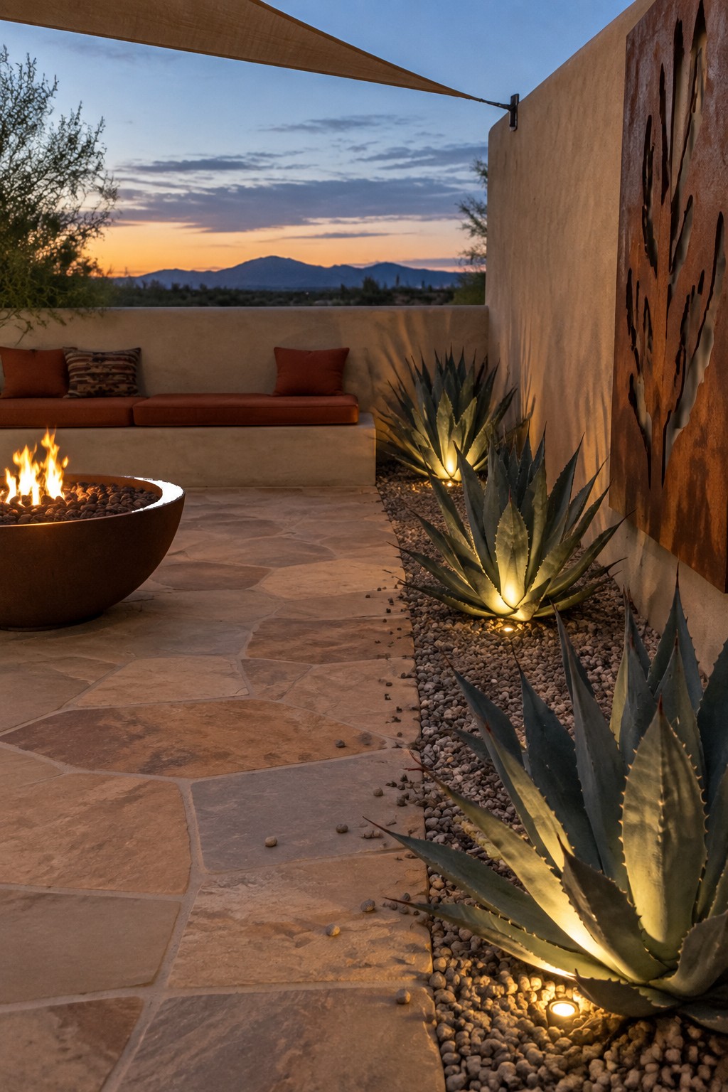Desert patio at dusk with fire pit, agave plants, cushioned bench, and mountain view.