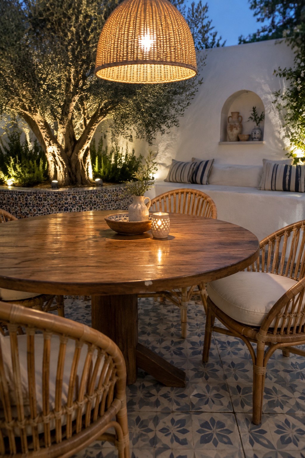 Round wooden table with rattan chairs under woven lamp in evening courtyard