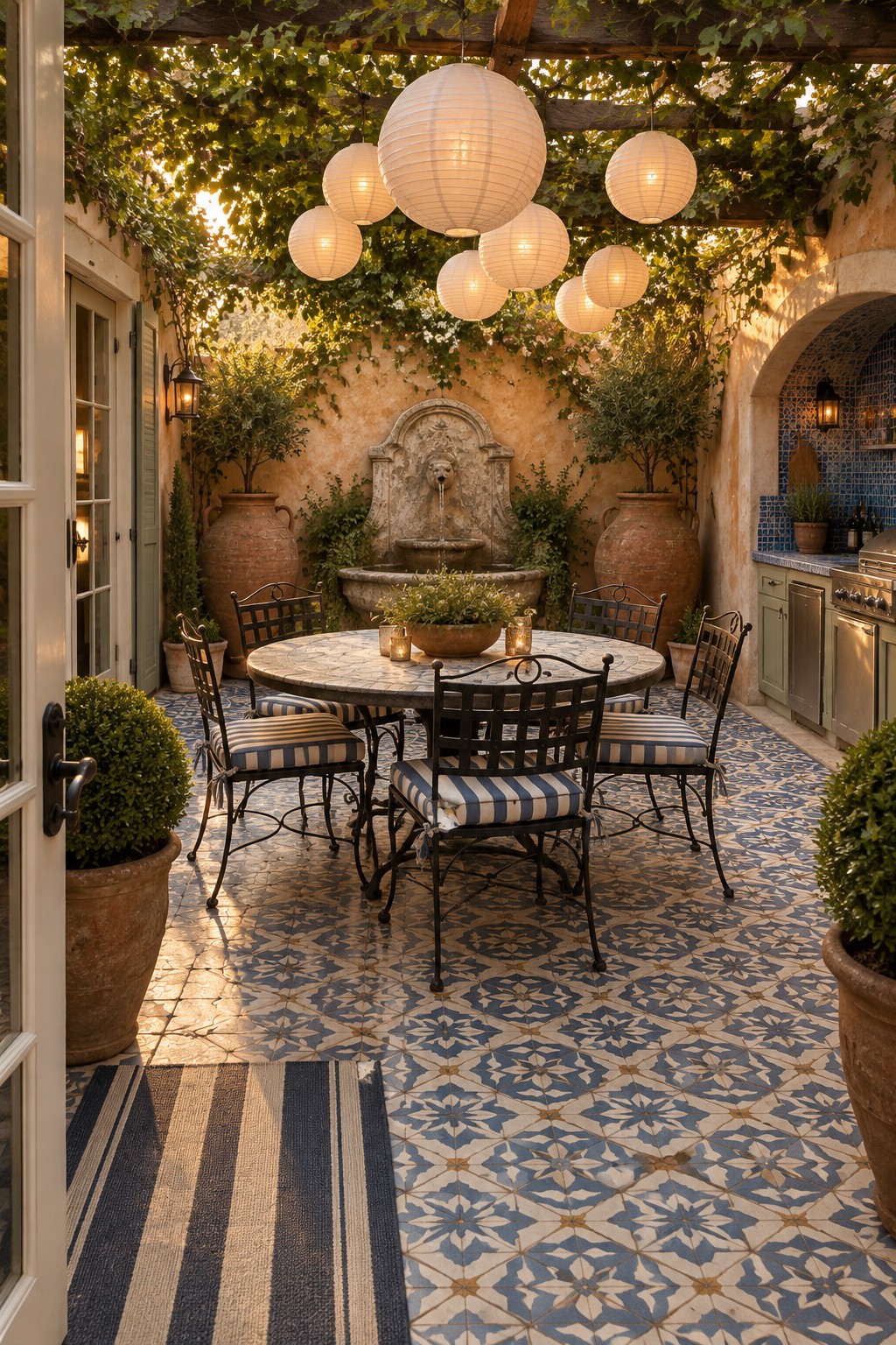 An outdoor patio with a round dining table and chairs beneath multiple hanging white paper lanterns, a stone fountain in the background, and patterned tile flooring.